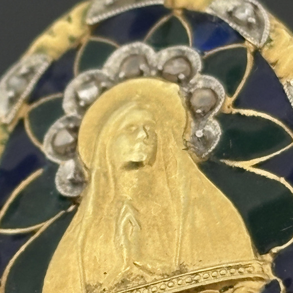 Antique Plique-a-Jour Virgin Mary Madonna Medal Pendant 18k Yellow Gold