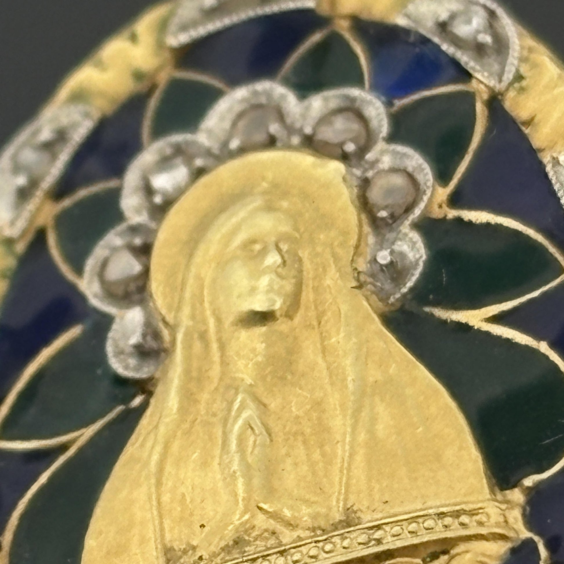 Antique Plique-a-Jour Virgin Mary Madonna Medal Pendant 18k Yellow Gold