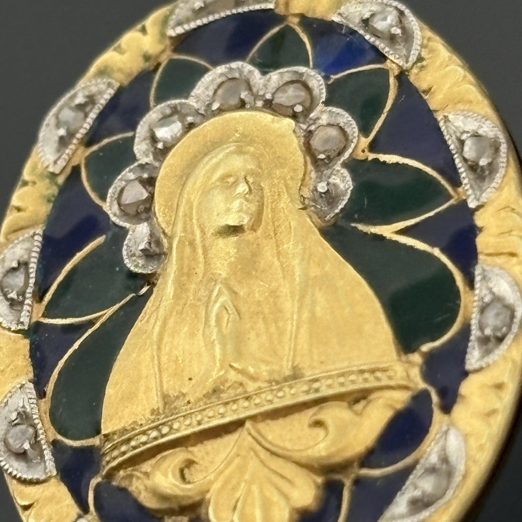 Antique Plique-a-Jour Virgin Mary Madonna Medal Pendant 18k Yellow Gold
