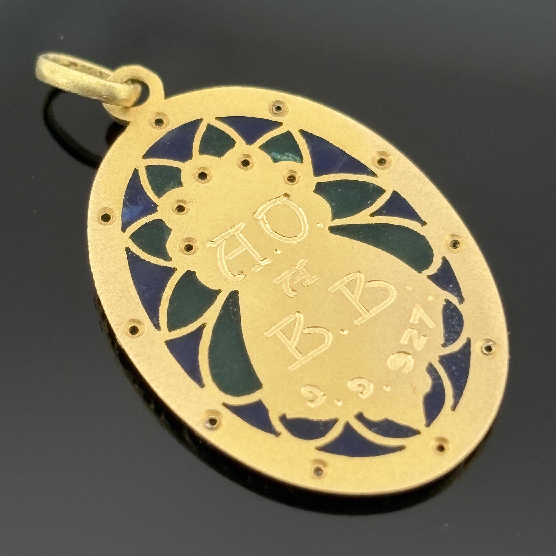 Antique Plique-a-Jour Virgin Mary Madonna Medal Pendant 18k Yellow Gold