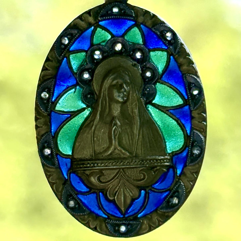 Antique Plique-a-Jour Virgin Mary Madonna Medal Pendant 18k Yellow Gold