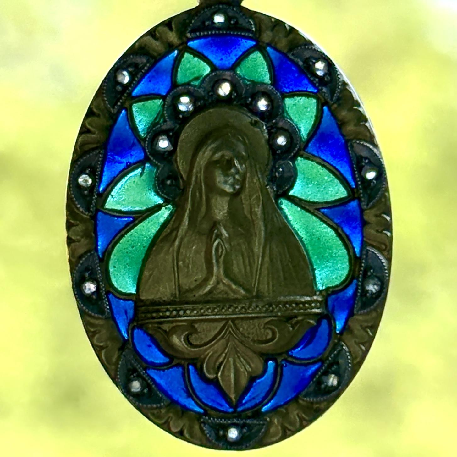 Antique Plique-a-Jour Virgin Mary Madonna Medal Pendant 18k Yellow Gold