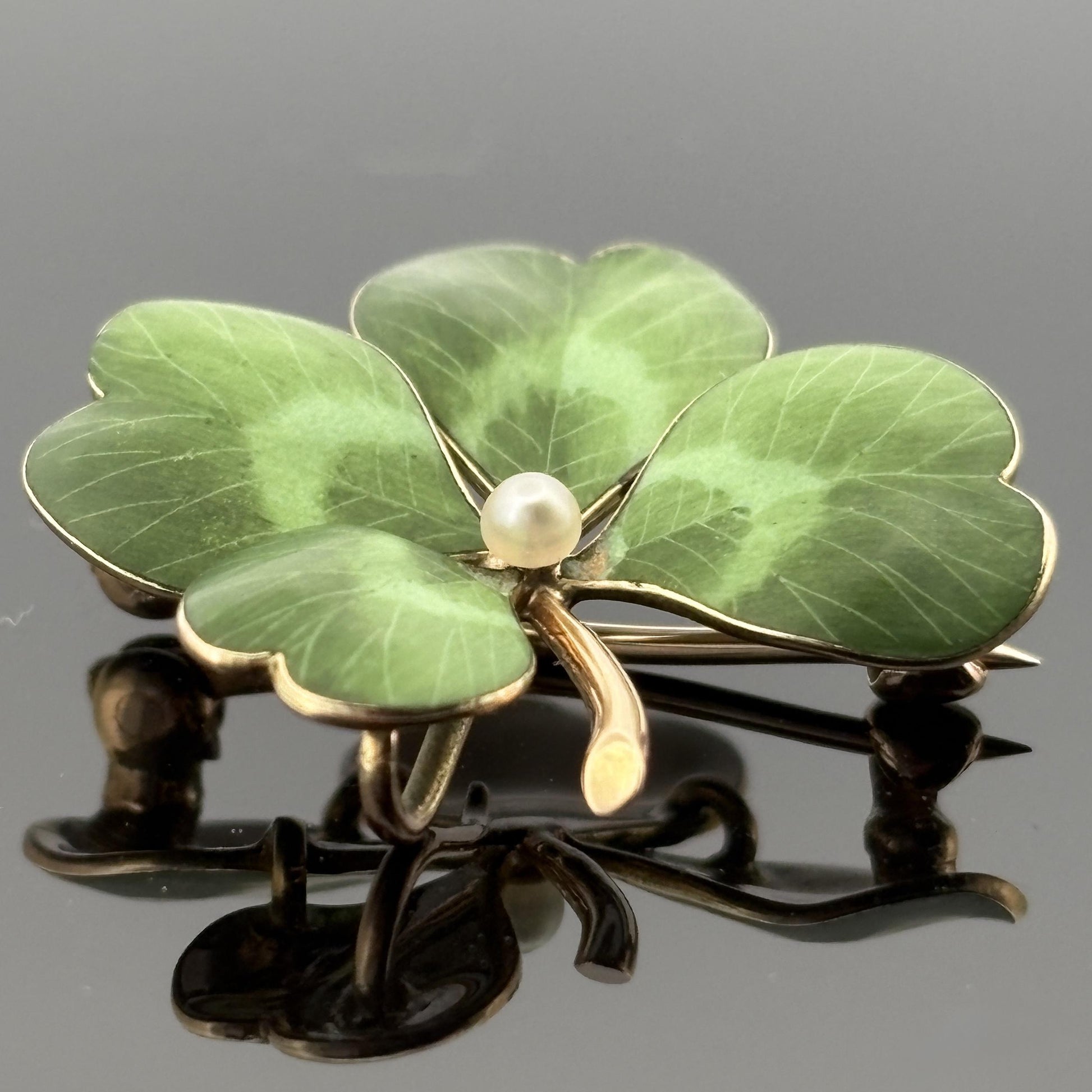 Antique Victorian Enamel Clover Pendant & Pin 14k Gold