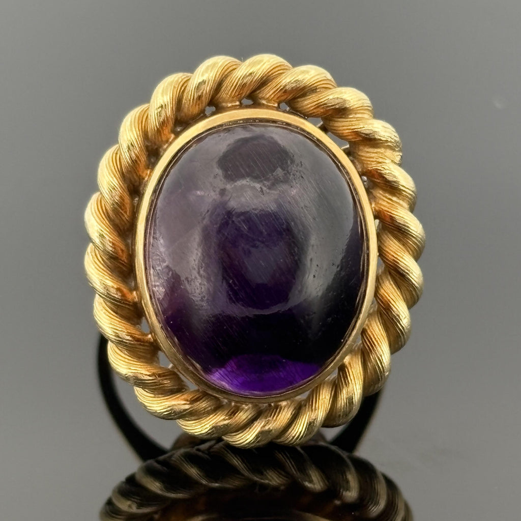 Vintage Mid-Century Amethyst Rope Motif Ring in 18k Yellow Gold