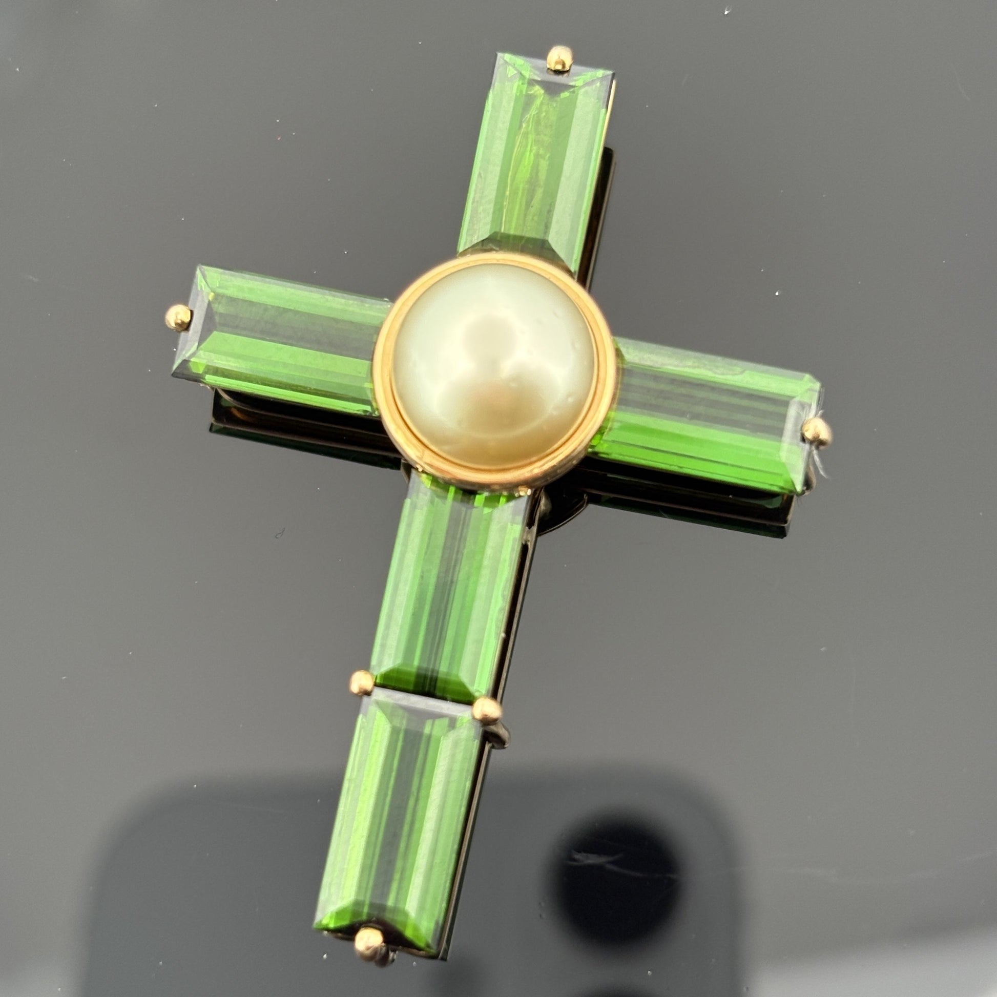 Asprey Green Tourmaline & Pearl Cross 18k Gold ~10ctw