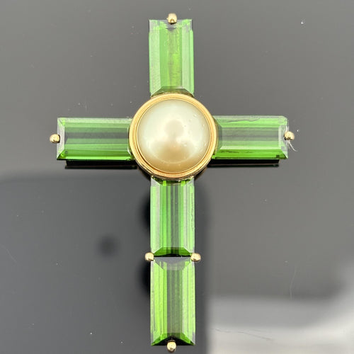 Asprey Green Tourmaline & Pearl Cross 18k Gold ~10ctw