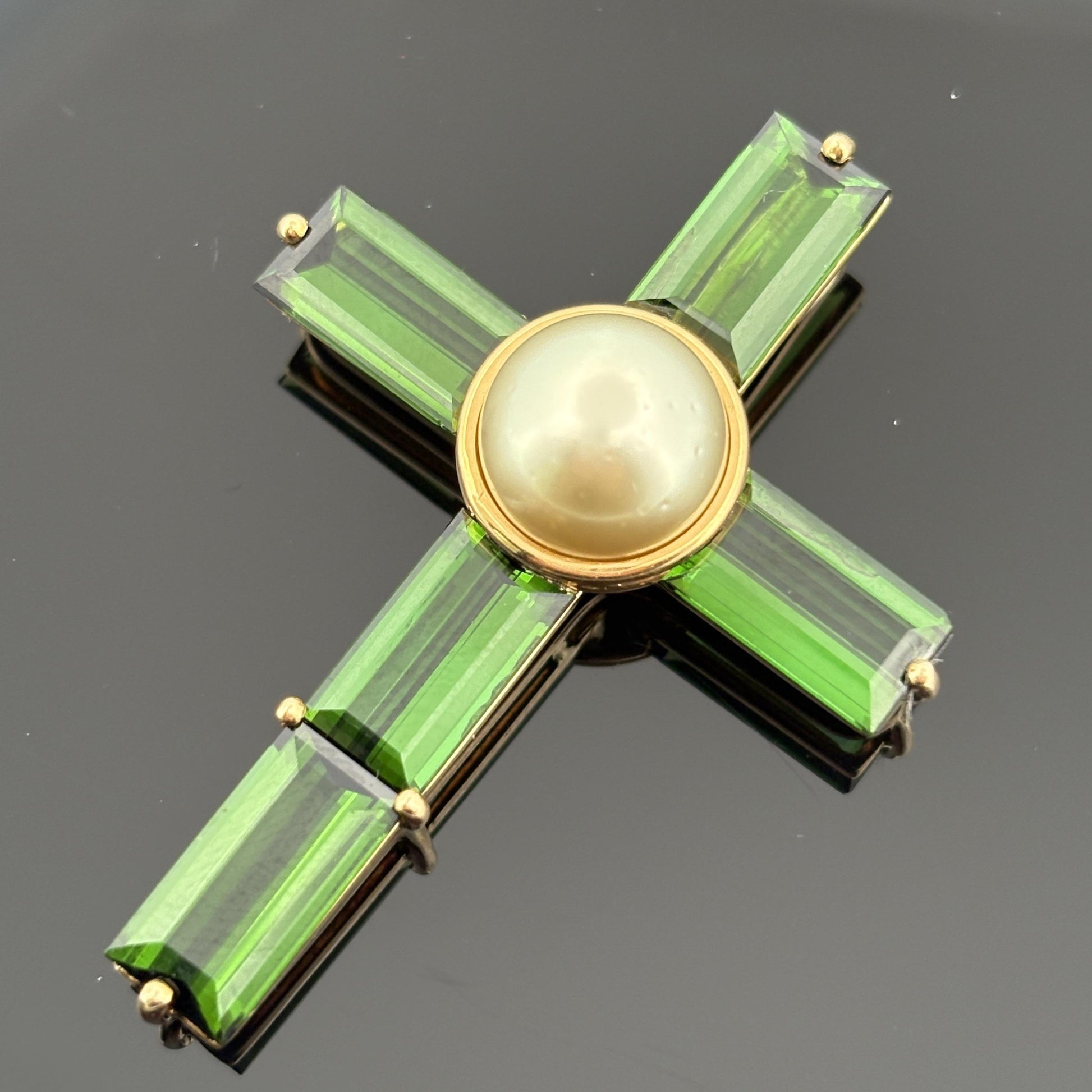 Asprey Green Tourmaline & Pearl Cross 18k Gold ~10ctw