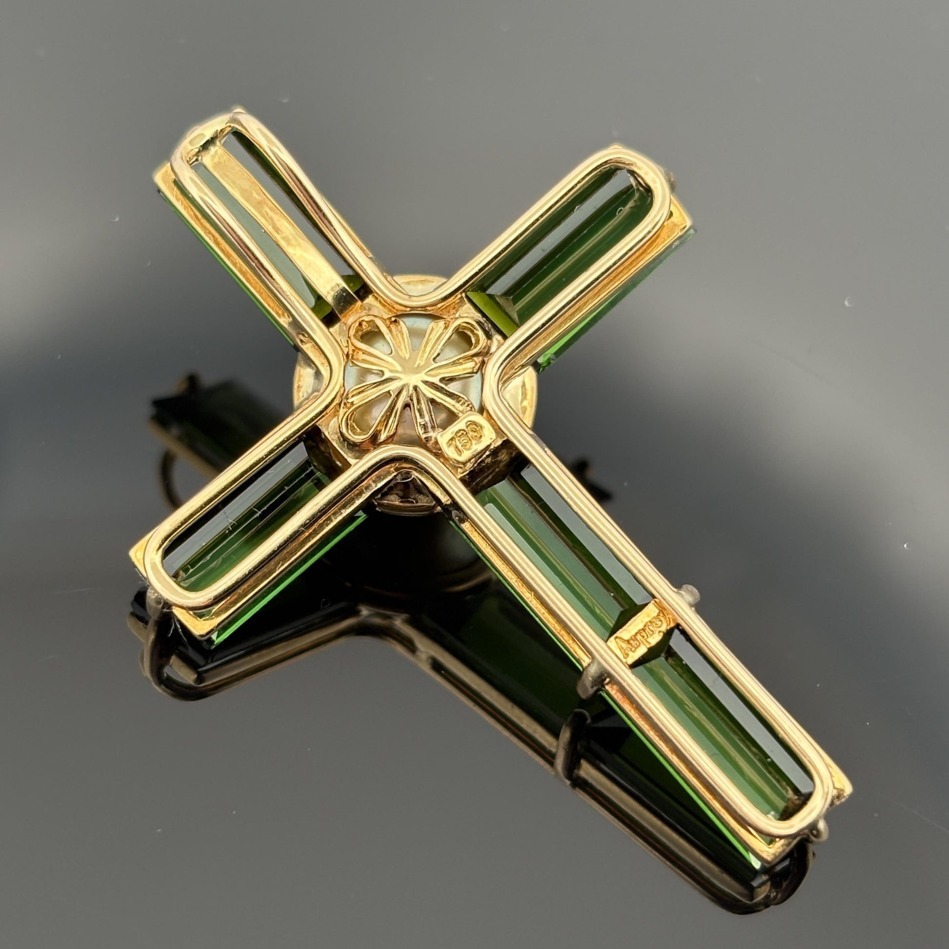 Asprey Green Tourmaline & Pearl Cross 18k Gold ~10ctw