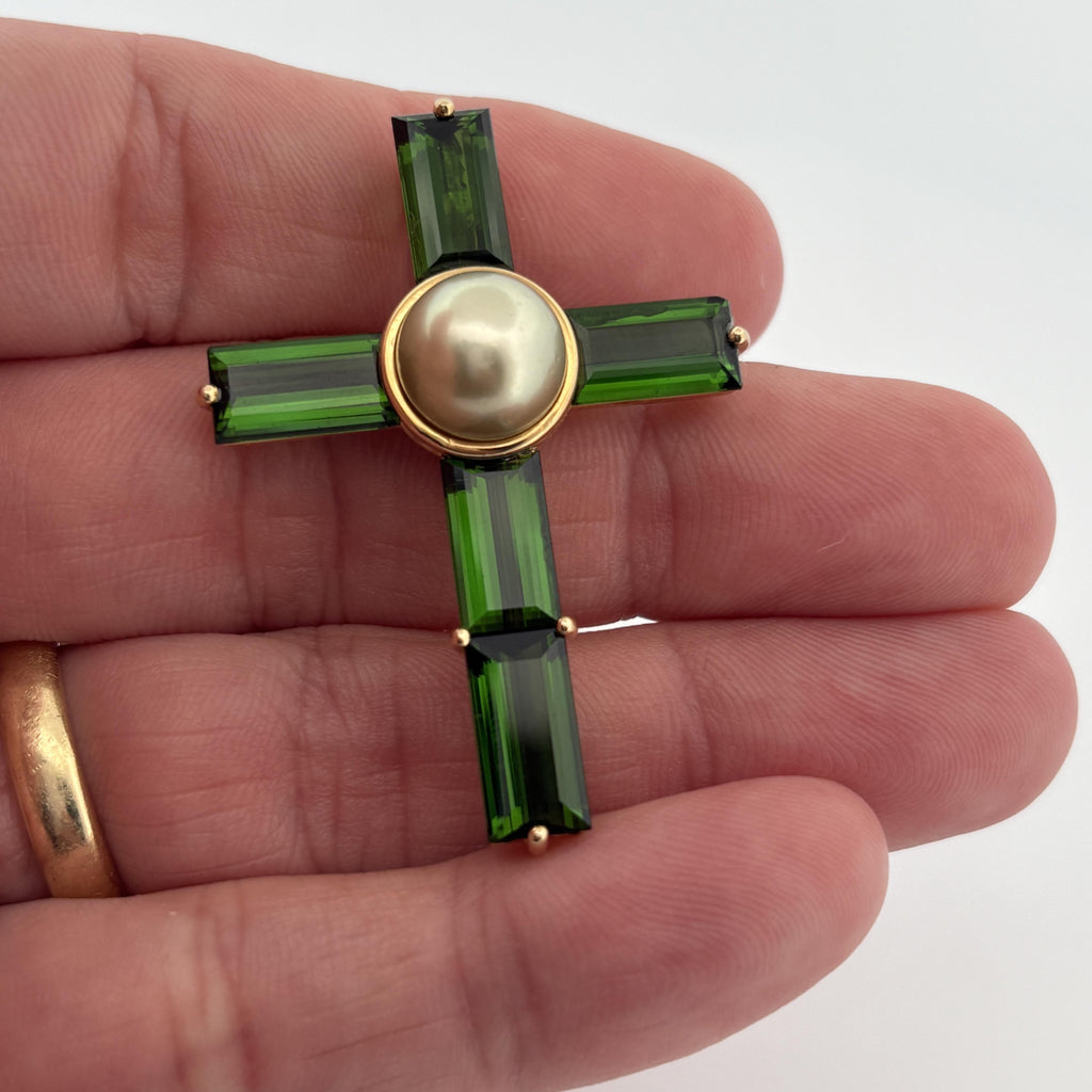 Asprey Green Tourmaline & Pearl Cross 18k Gold ~10ctw