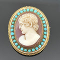 Antique Victorian Hardstone Cameo Brooch 14k Gold w/ Turquoise