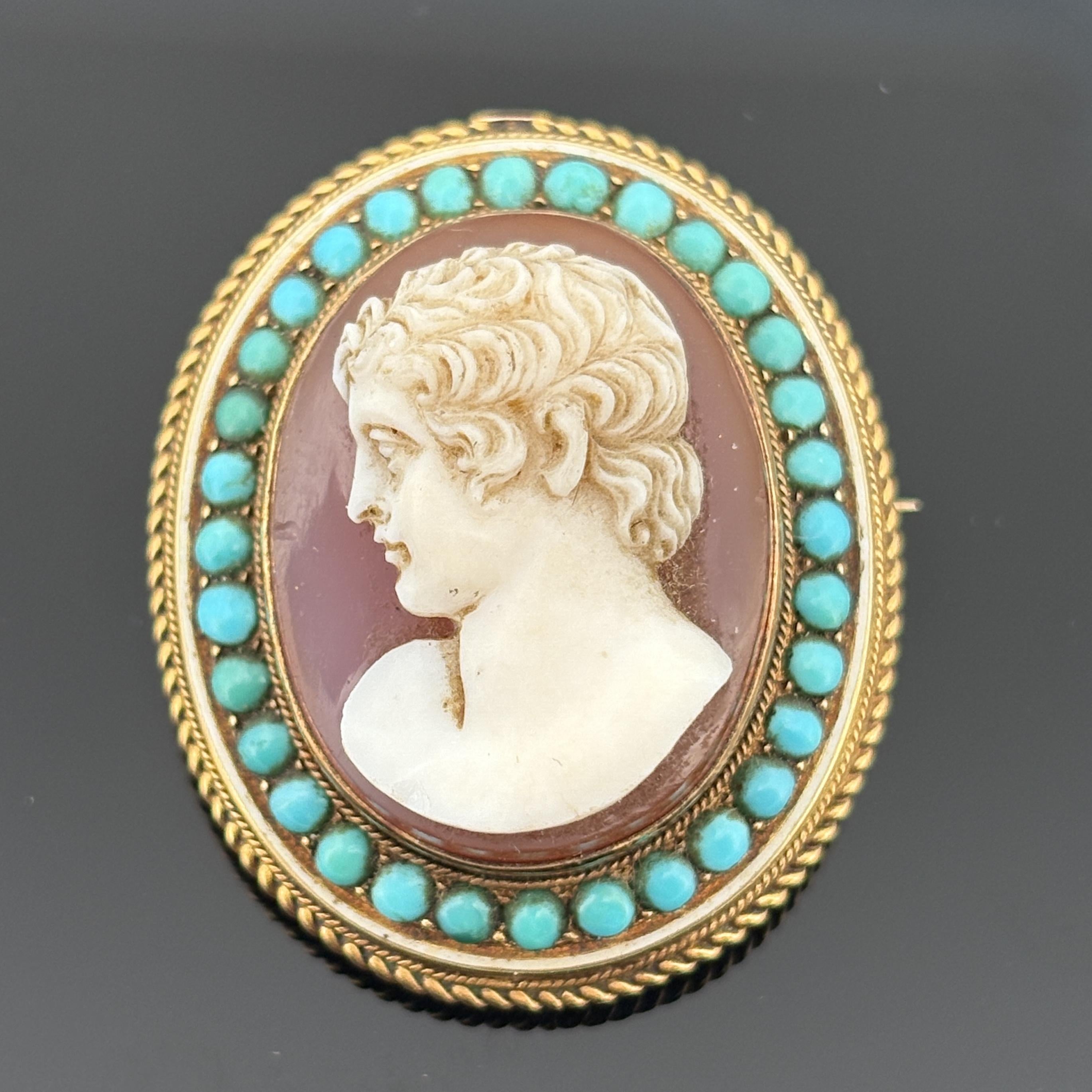 Antique Victorian Hardstone Cameo Brooch 14k Gold w/ Turquoise