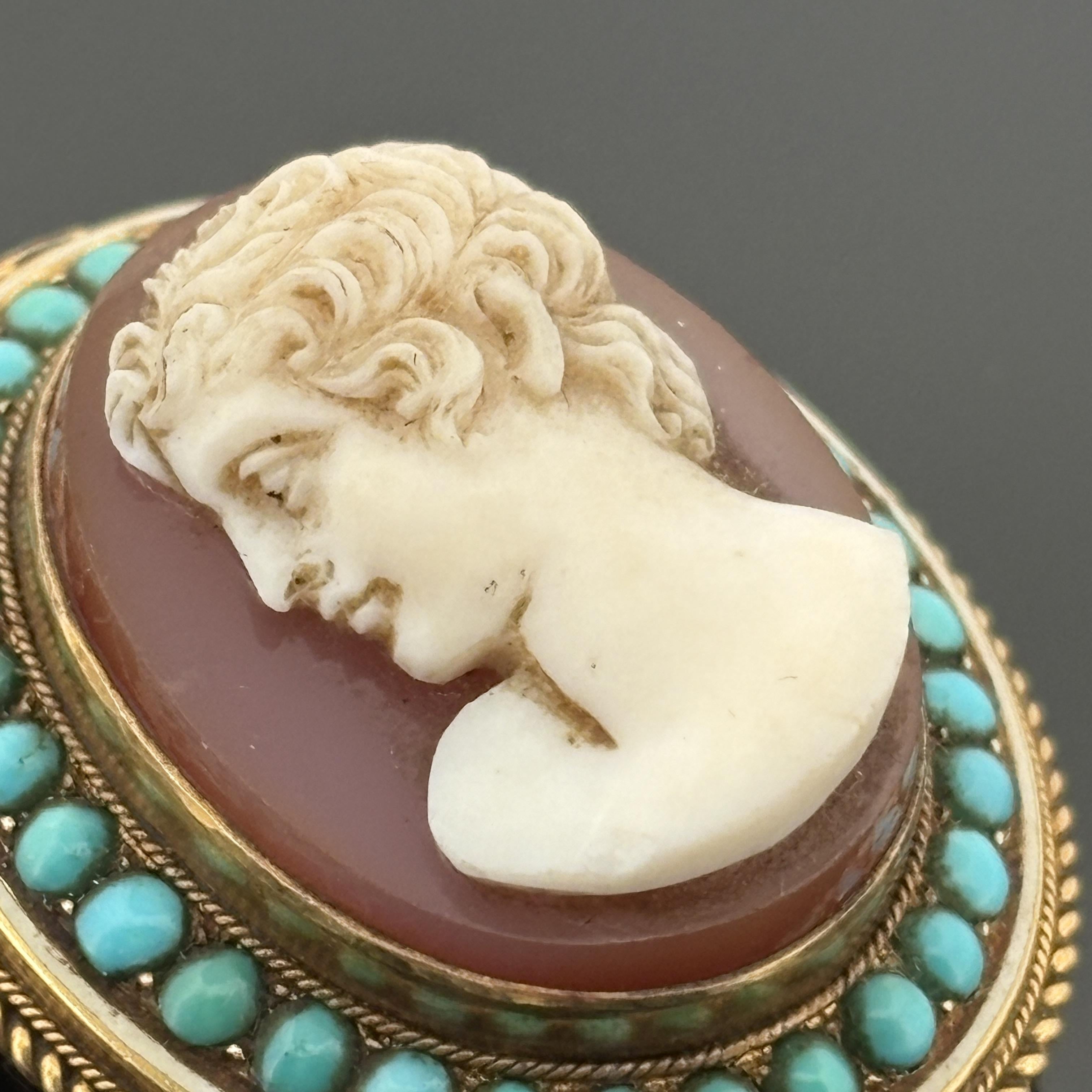 Antique Victorian Hardstone Cameo Brooch 14k Gold w/ Turquoise
