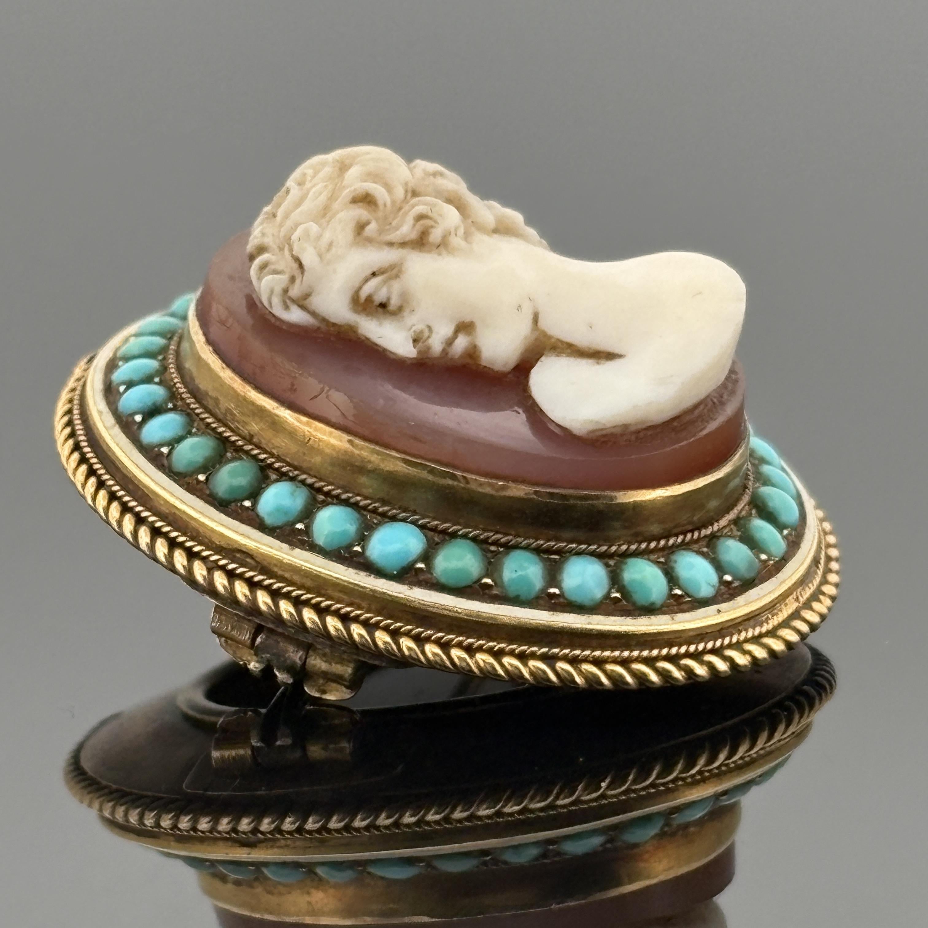 Antique Victorian Hardstone Cameo Brooch 14k Gold w/ Turquoise