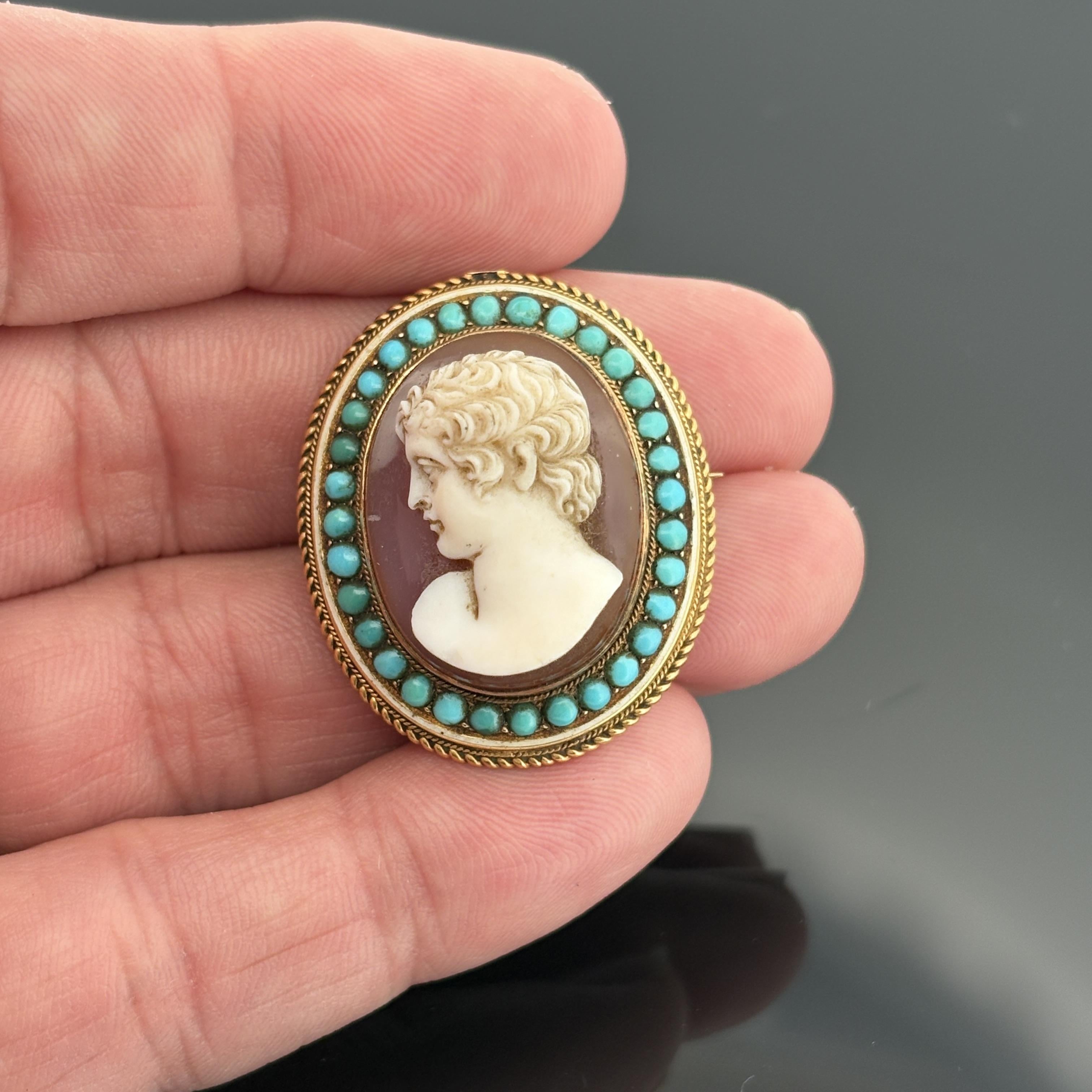 Antique Victorian Hardstone Cameo Brooch 14k Gold w/ Turquoise