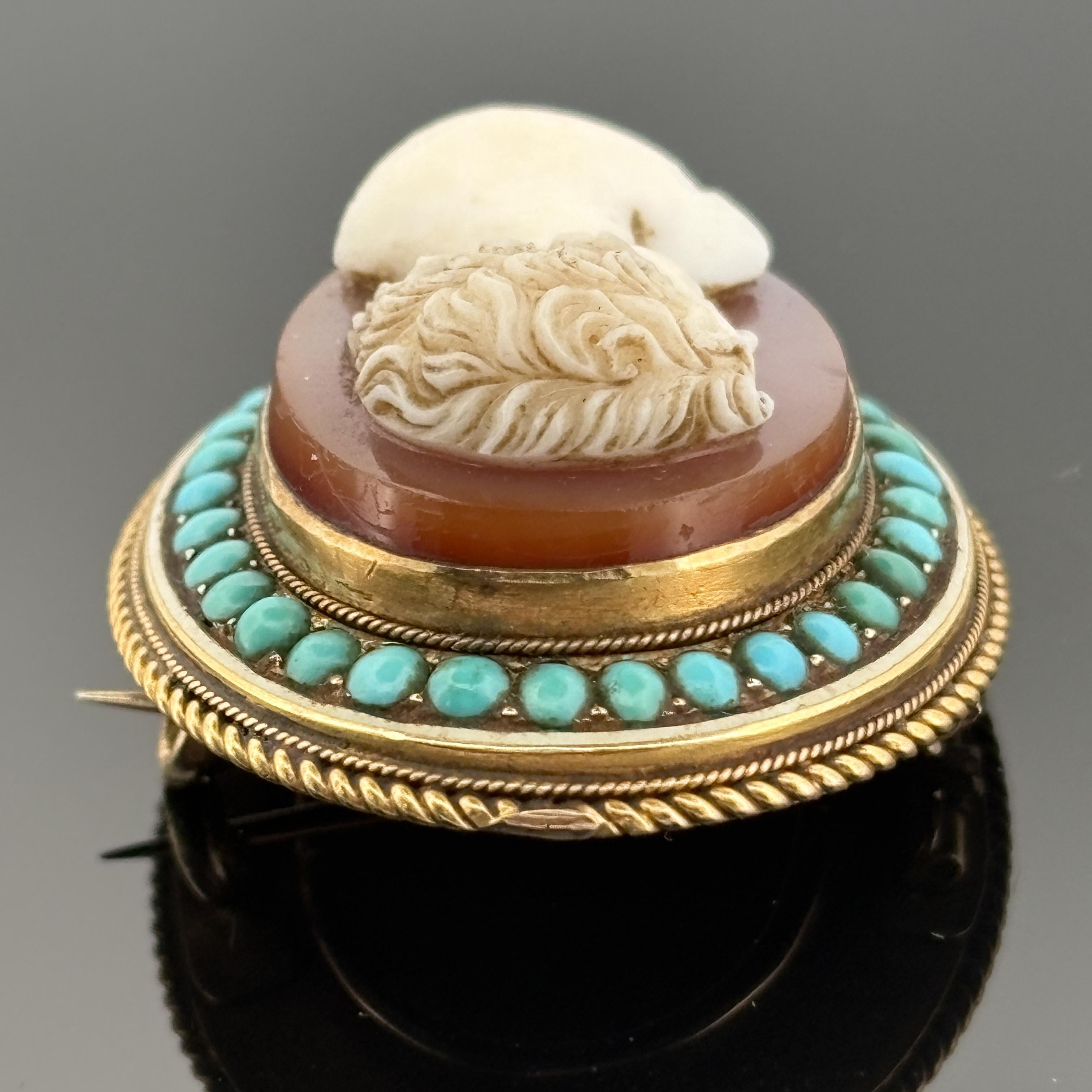 Antique Victorian Hardstone Cameo Brooch 14k Gold w/ Turquoise