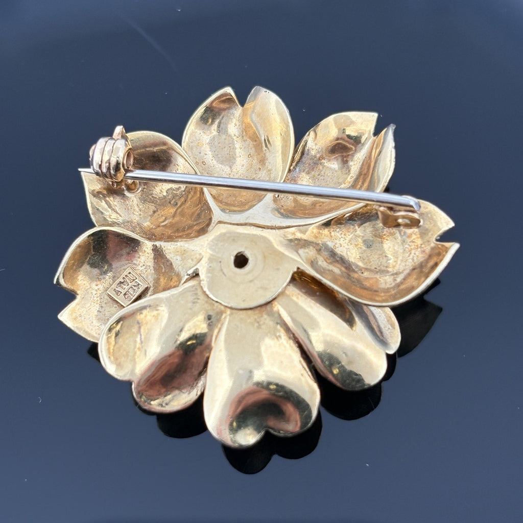 Vintage Flower Brooch 18k Yellow Gold & Blue Sapphire, Italy ca. 1970