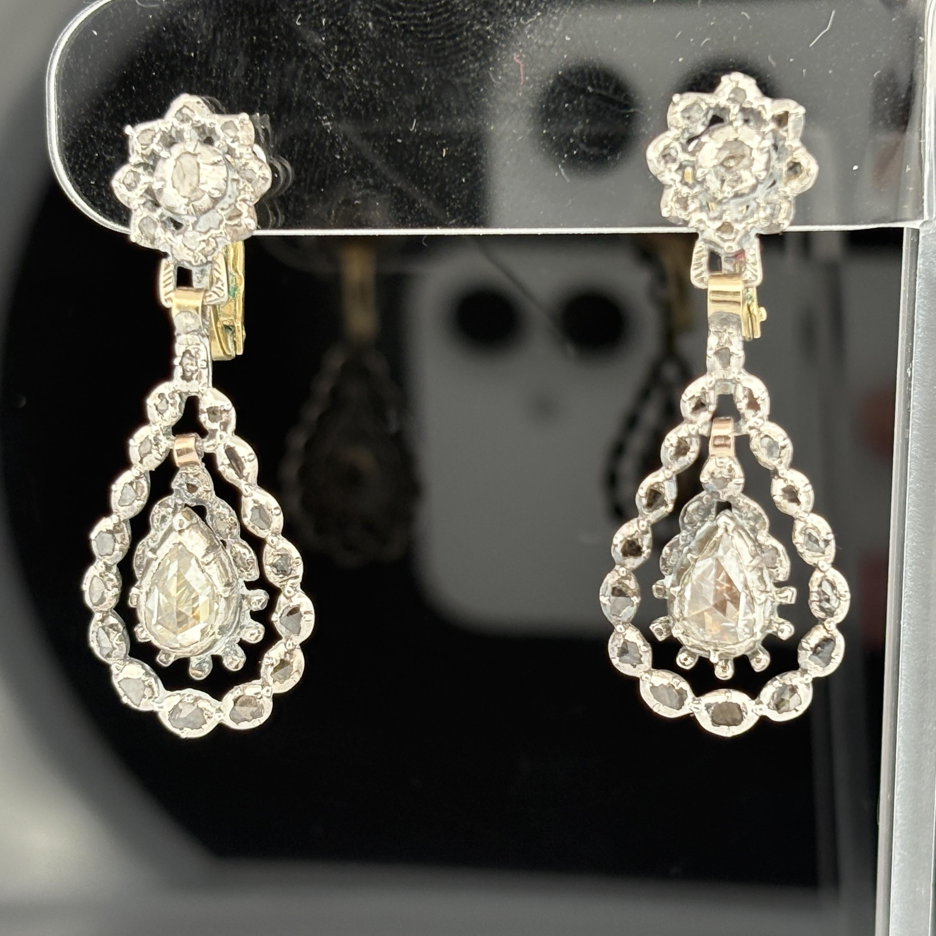 Antique Georgian Rose Cut Diamond Earrings in Silver-Topped 14k Gold, Dutch