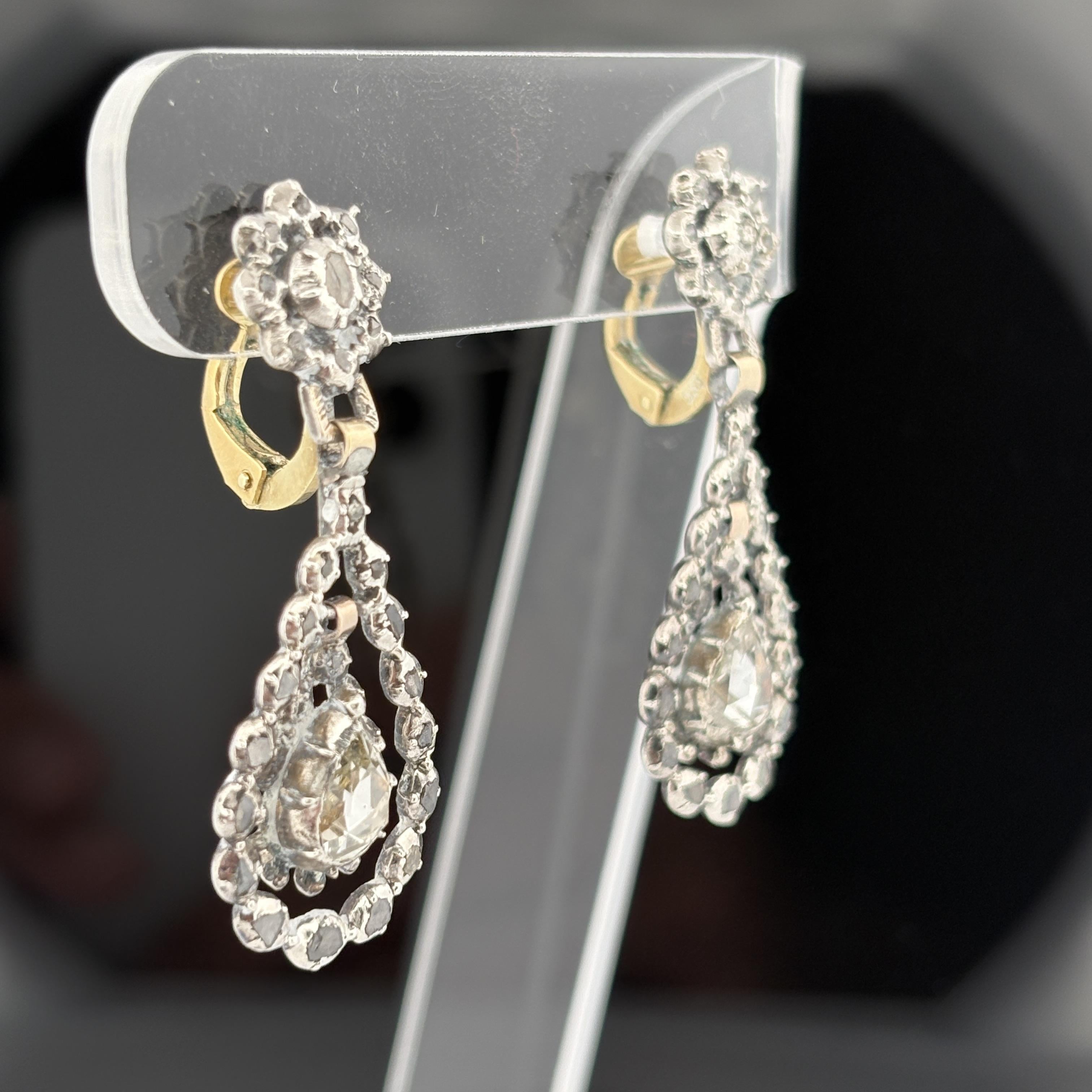 Antique Georgian Rose Cut Diamond Earrings in Silver-Topped 14k Gold, Dutch
