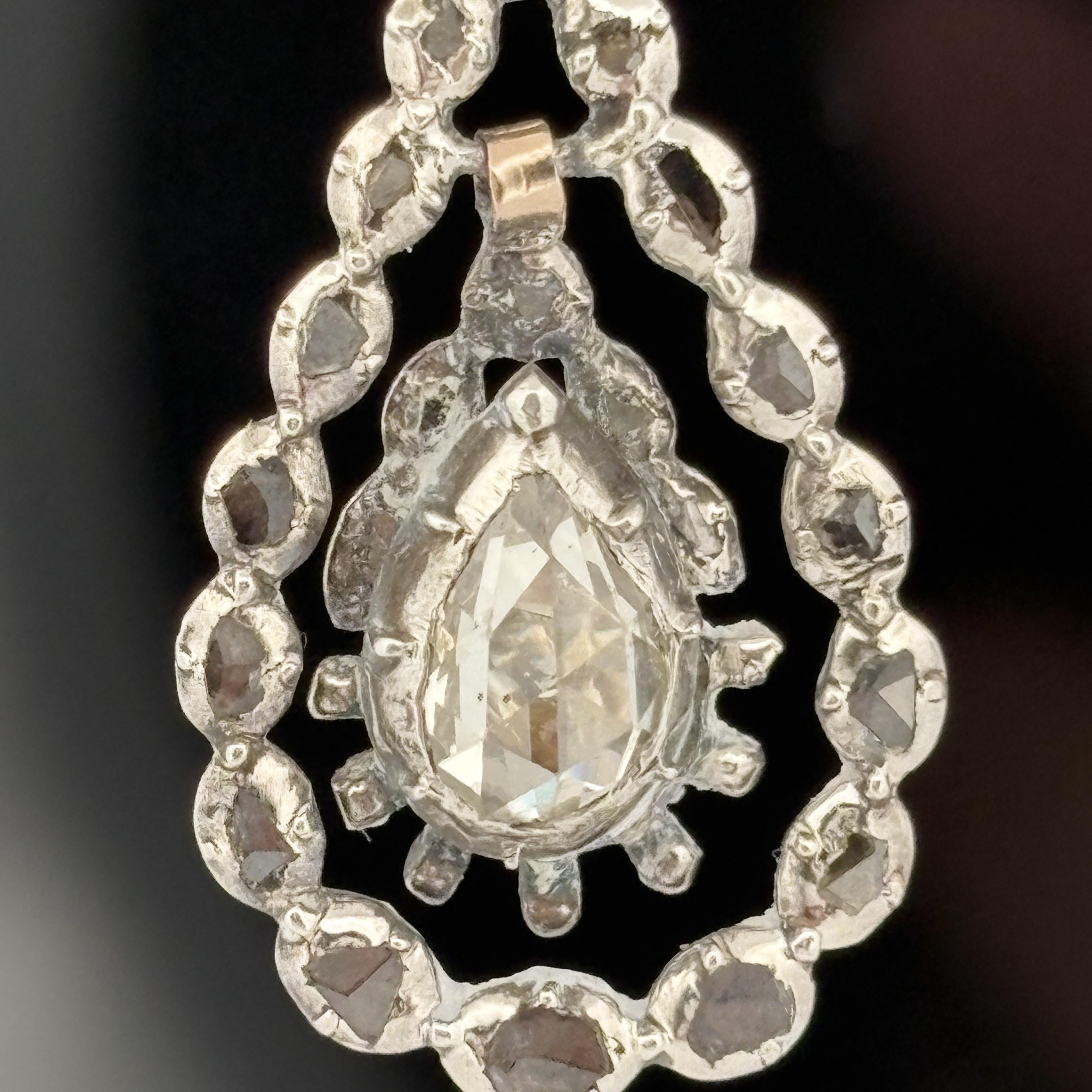 Antique Georgian Rose Cut Diamond Earrings in Silver-Topped 14k Gold, Dutch
