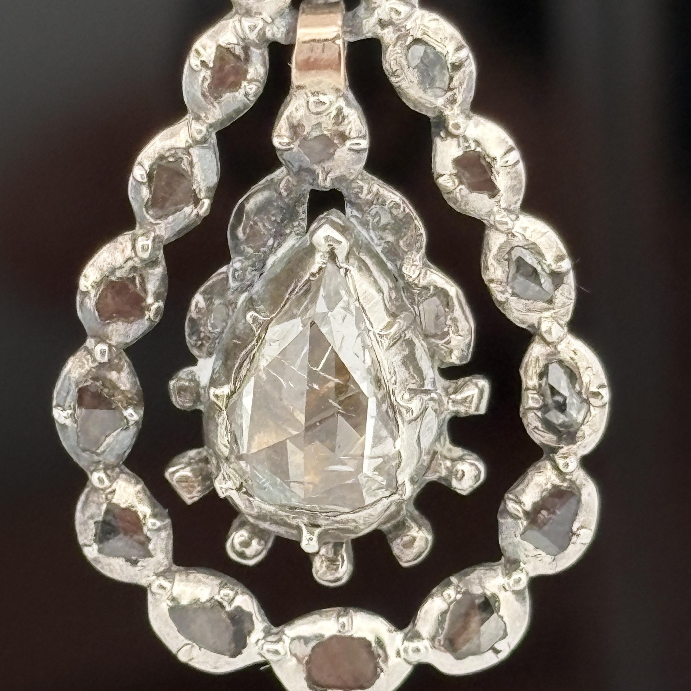 Antique Georgian Rose Cut Diamond Earrings in Silver-Topped 14k Gold, Dutch