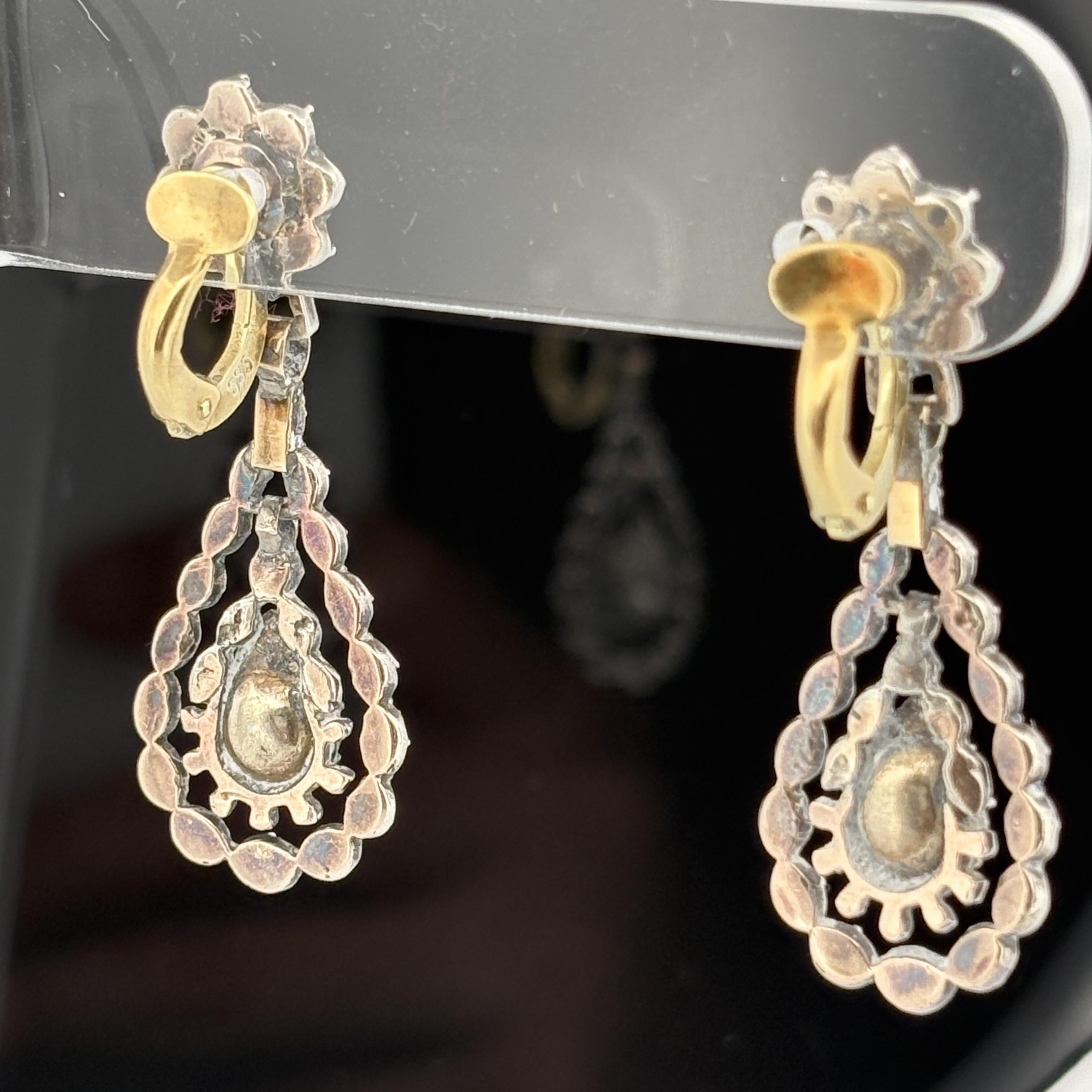 Antique Georgian Rose Cut Diamond Earrings in Silver-Topped 14k Gold, Dutch