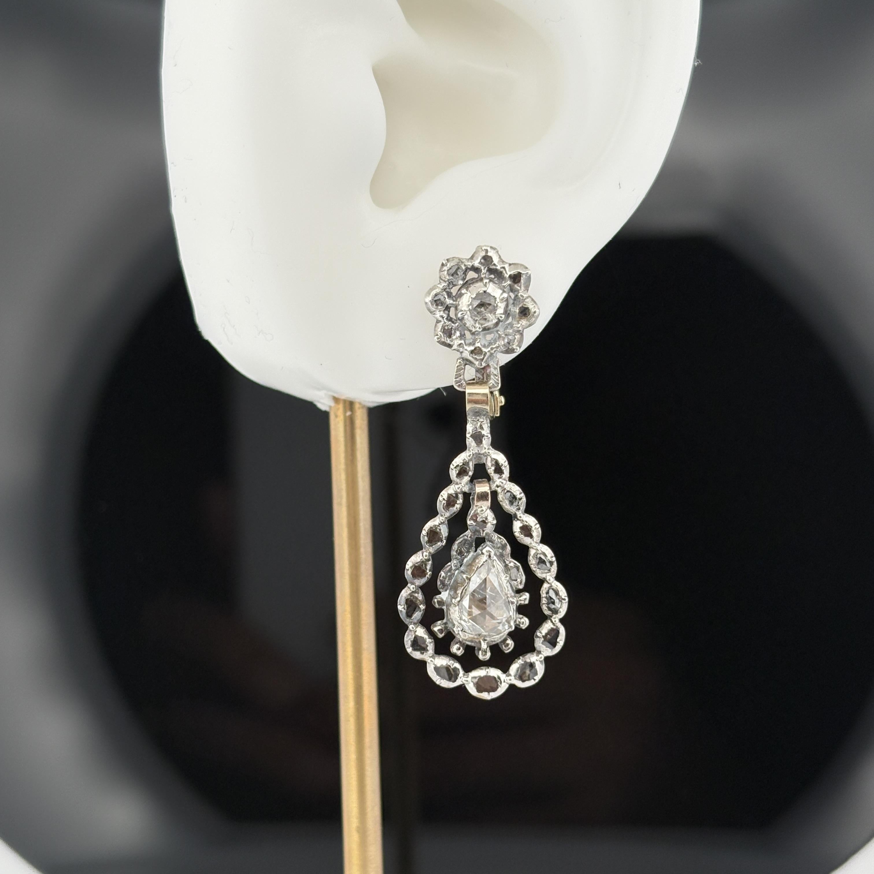 Antique Georgian Rose Cut Diamond Earrings in Silver-Topped 14k Gold, Dutch