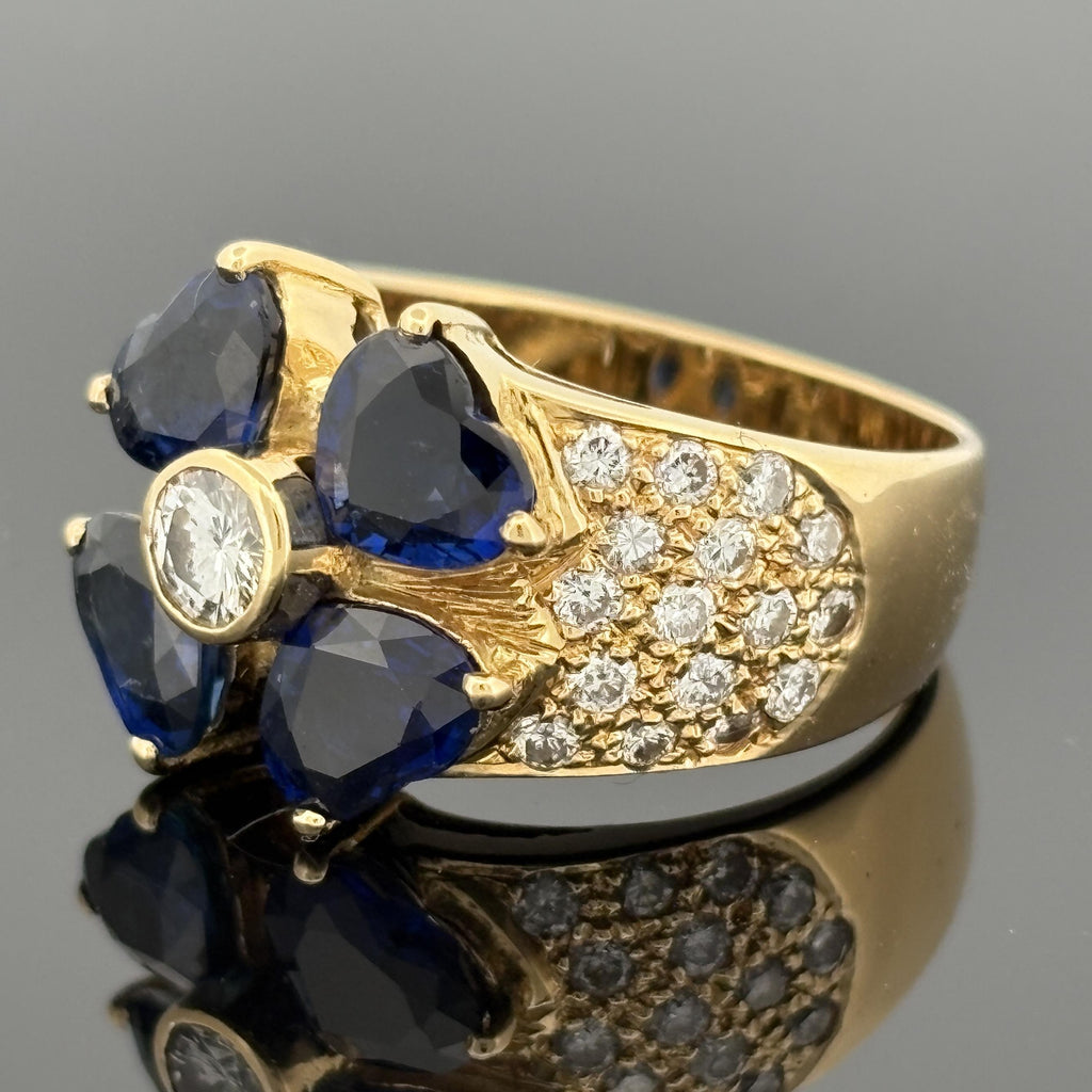Estate Heart Blue Sapphire & Diamond Ring 18k Gold, 4.29ctw