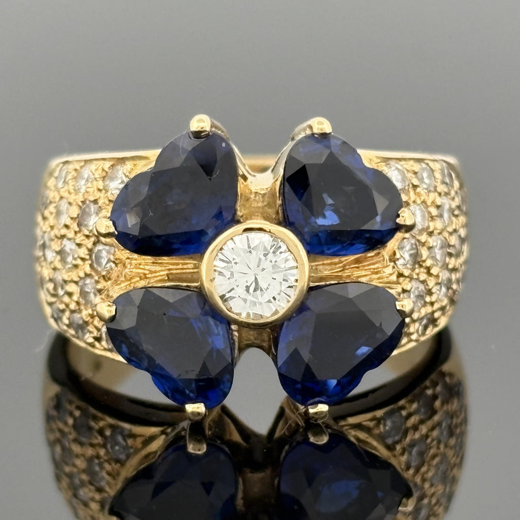 Estate Heart Blue Sapphire & Diamond Ring 18k Gold, 4.29ctw