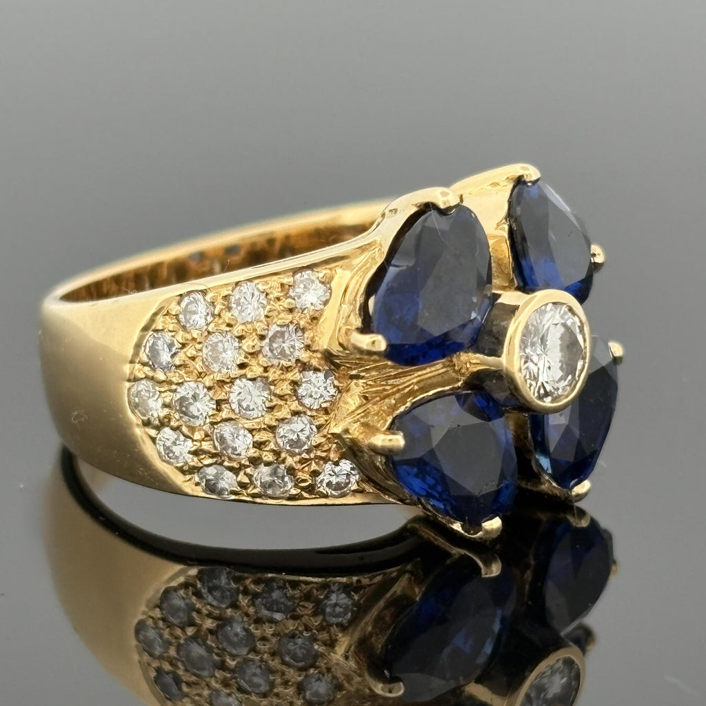 Estate Heart Blue Sapphire & Diamond Ring 18k Gold, 4.29ctw