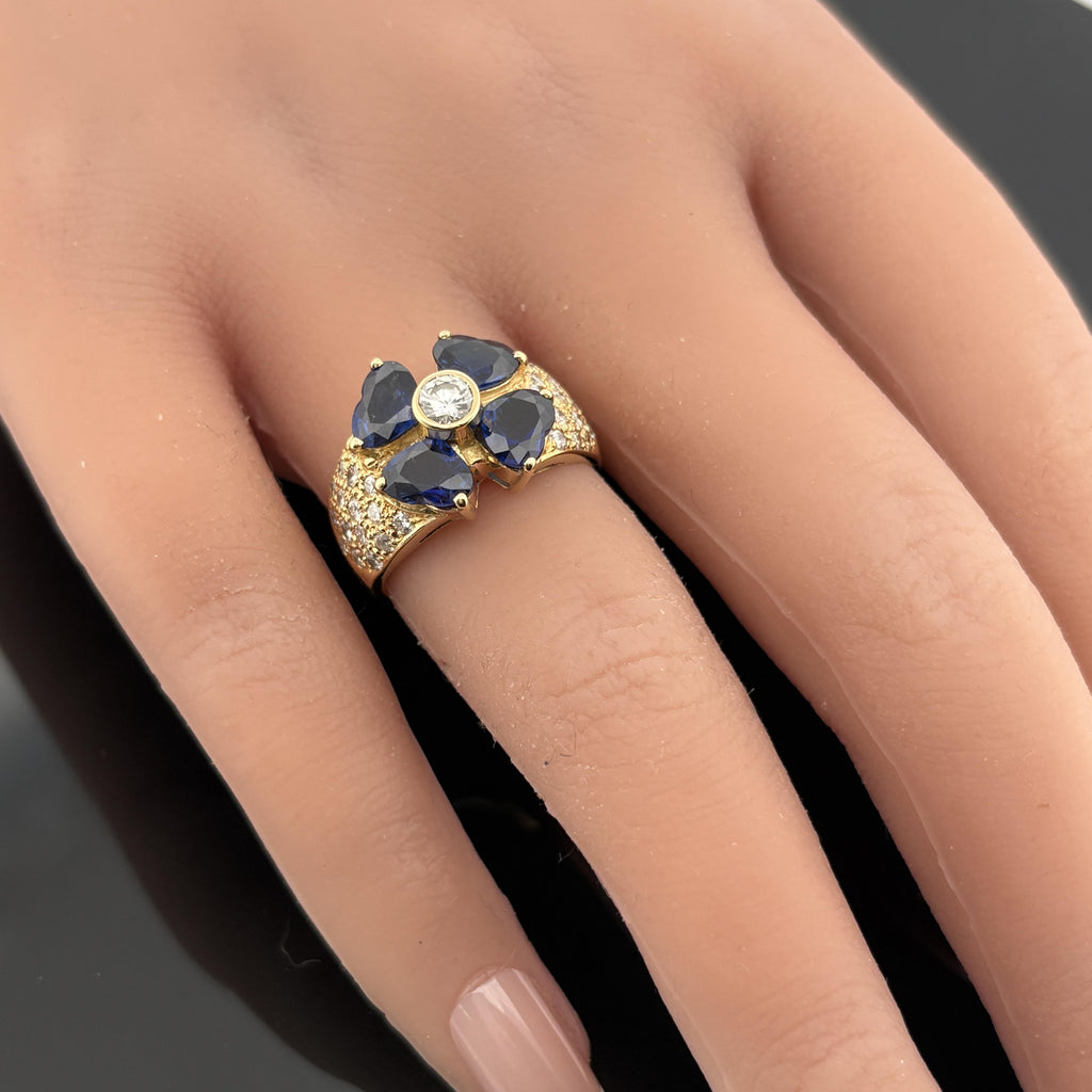 Estate Heart Blue Sapphire & Diamond Ring 18k Gold, 4.29ctw