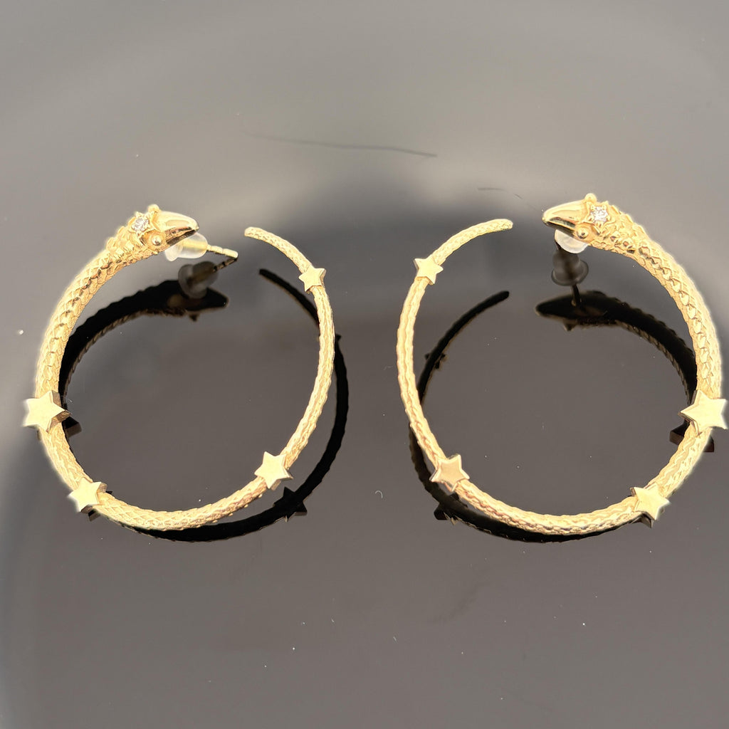 Vintage Serpant & Stars Hoop Earrings 18k Yellow Gold & Diamond, 1.5"