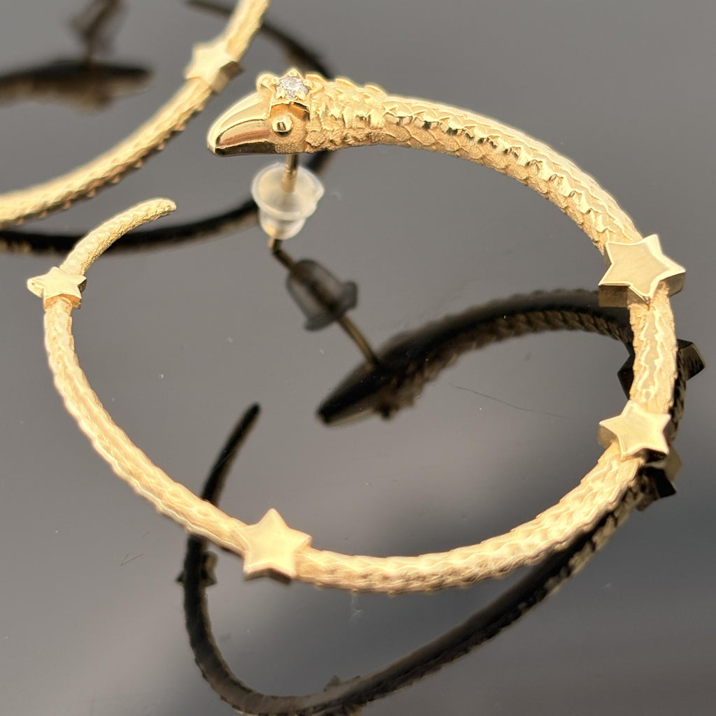 Vintage Serpant & Stars Hoop Earrings 18k Yellow Gold & Diamond, 1.5"