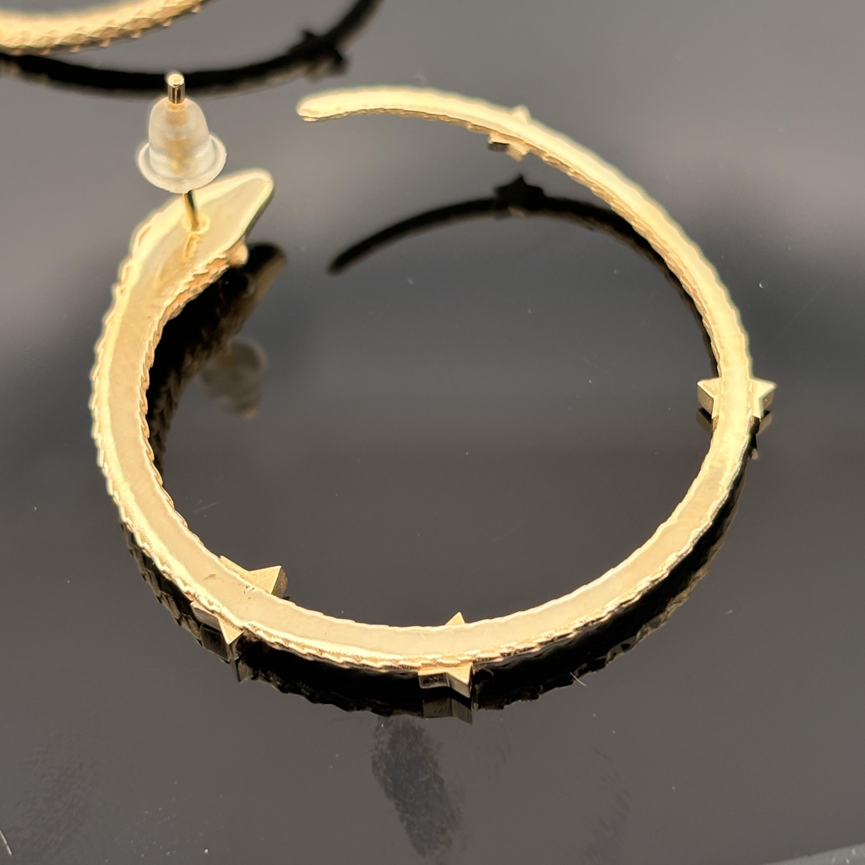Vintage Serpant & Stars Hoop Earrings 18k Yellow Gold & Diamond, 1.5"