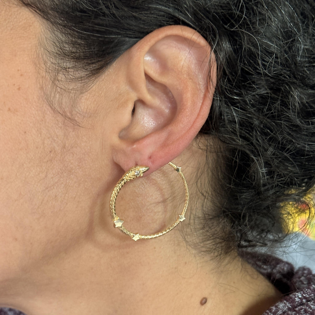 Vintage Serpant & Stars Hoop Earrings 18k Yellow Gold & Diamond, 1.5"