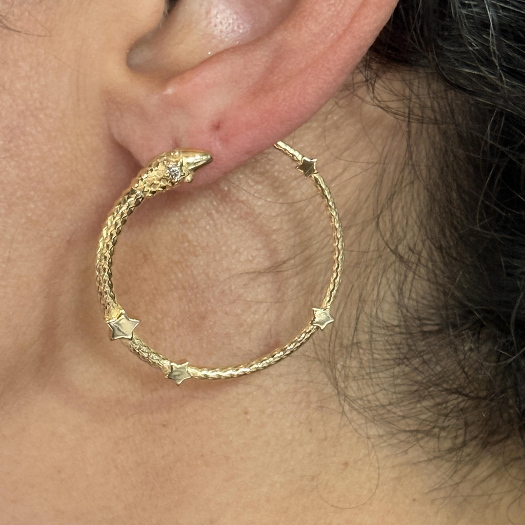 Vintage Serpant & Stars Hoop Earrings 18k Yellow Gold & Diamond, 1.5"