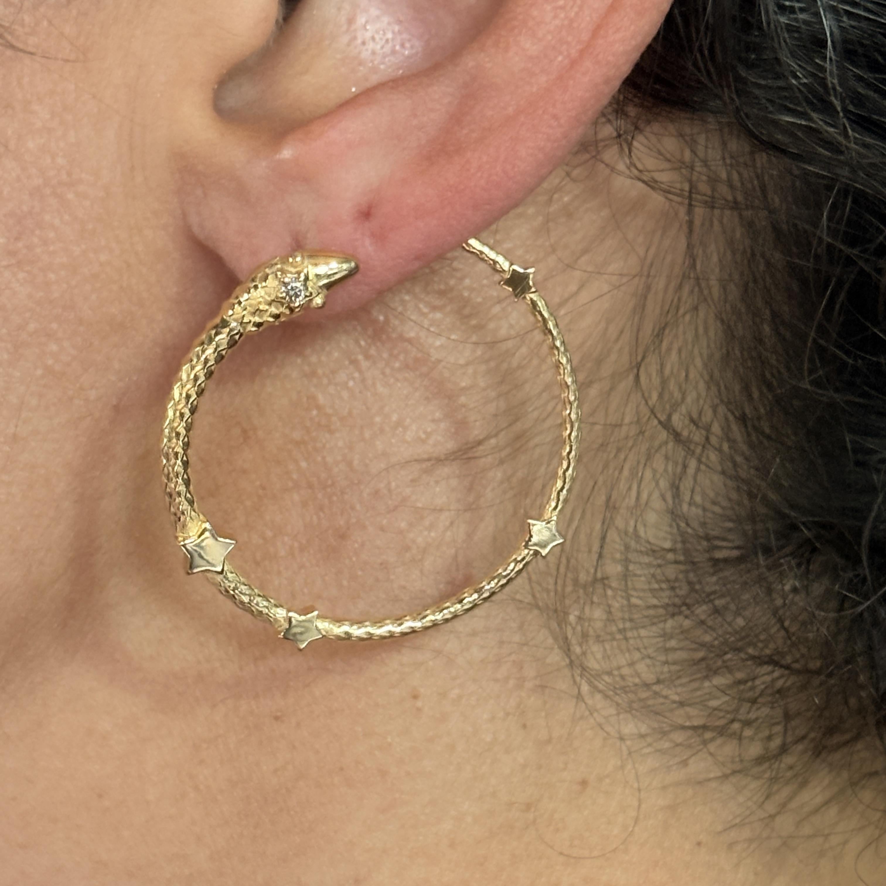 Vintage Serpant & Stars Hoop Earrings 18k Yellow Gold & Diamond, 1.5"