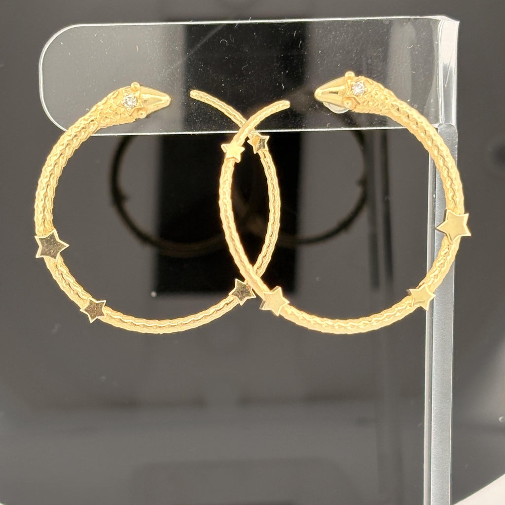 Vintage Serpant & Stars Hoop Earrings 18k Yellow Gold & Diamond, 1.5"