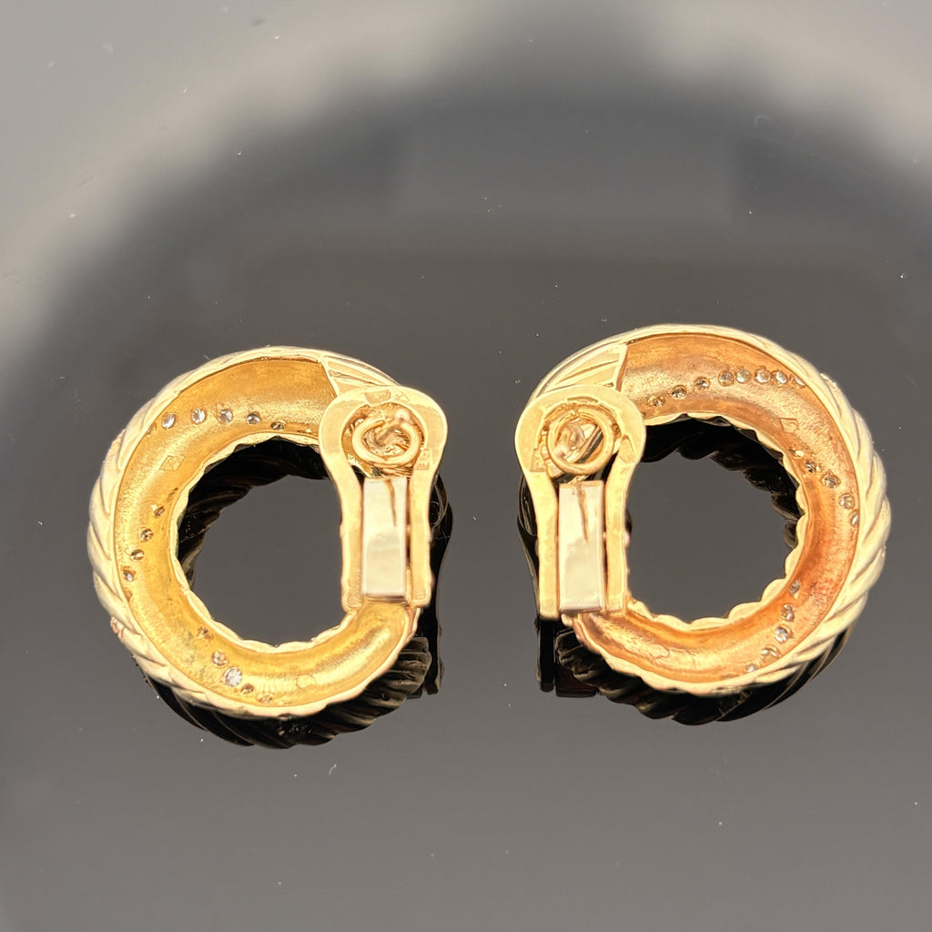 Vintage Diamond Ribbed Hoop 18k Yellow Gold Earrings - 1"