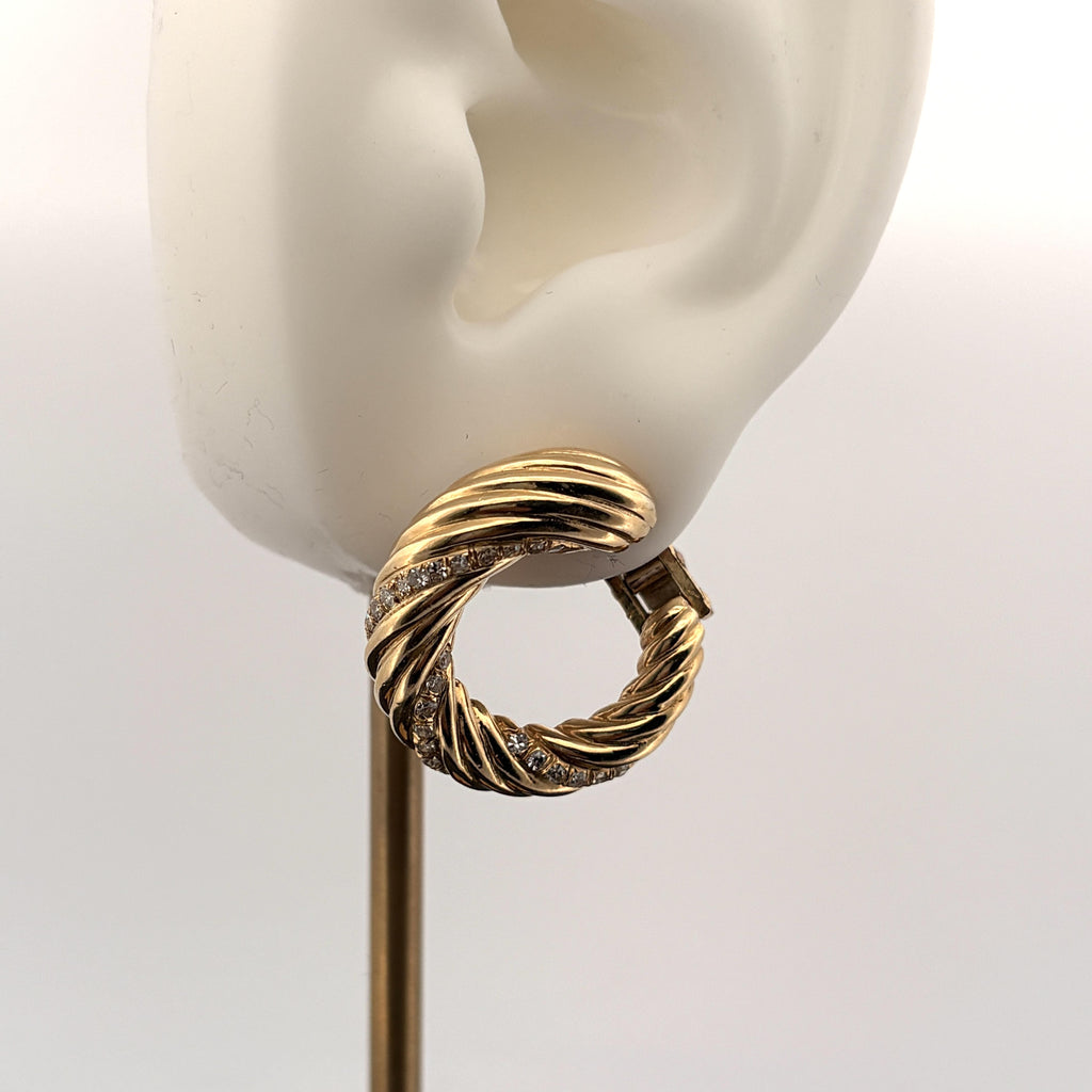 Vintage Diamond Ribbed Hoop 18k Yellow Gold Earrings - 1"