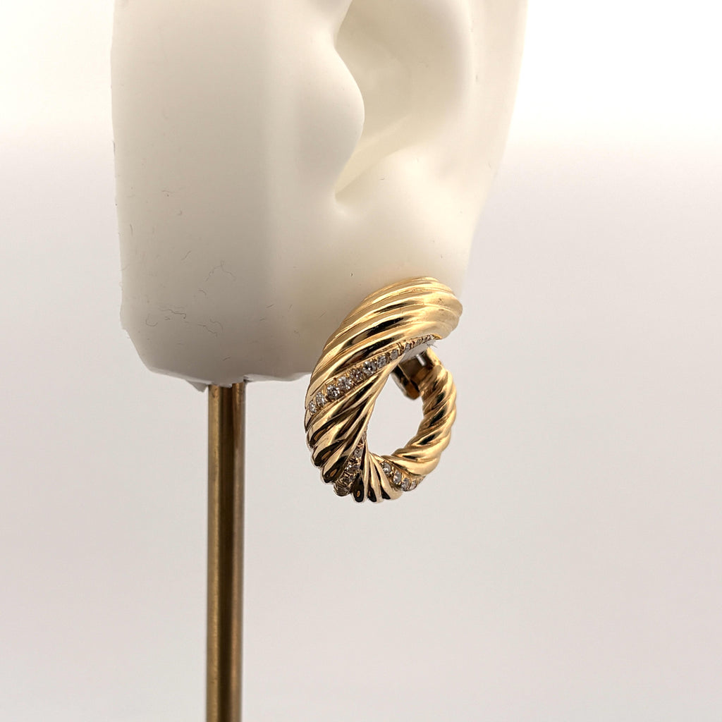 Vintage Diamond Ribbed Hoop 18k Yellow Gold Earrings - 1"