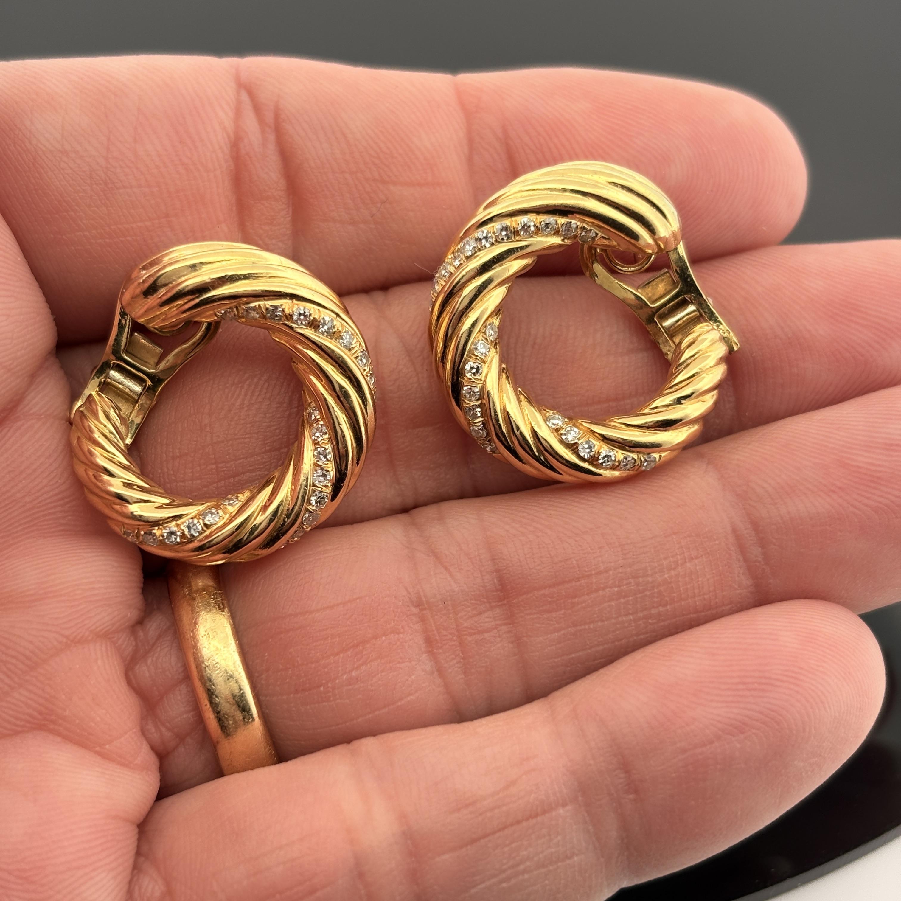 Vintage Diamond Ribbed Hoop 18k Yellow Gold Earrings - 1"