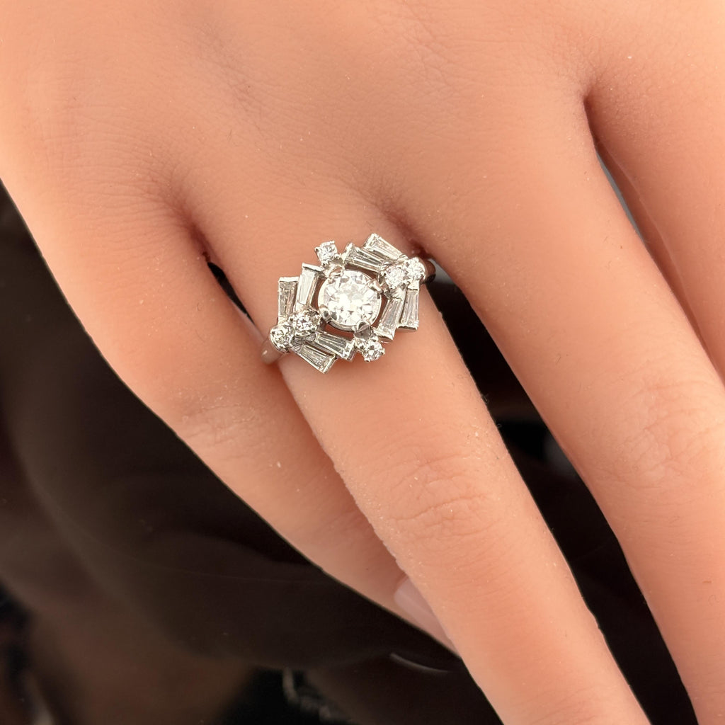Vintage Mid-Century Platinum European Cut Diamond Cocktail Ring 1.87ctw