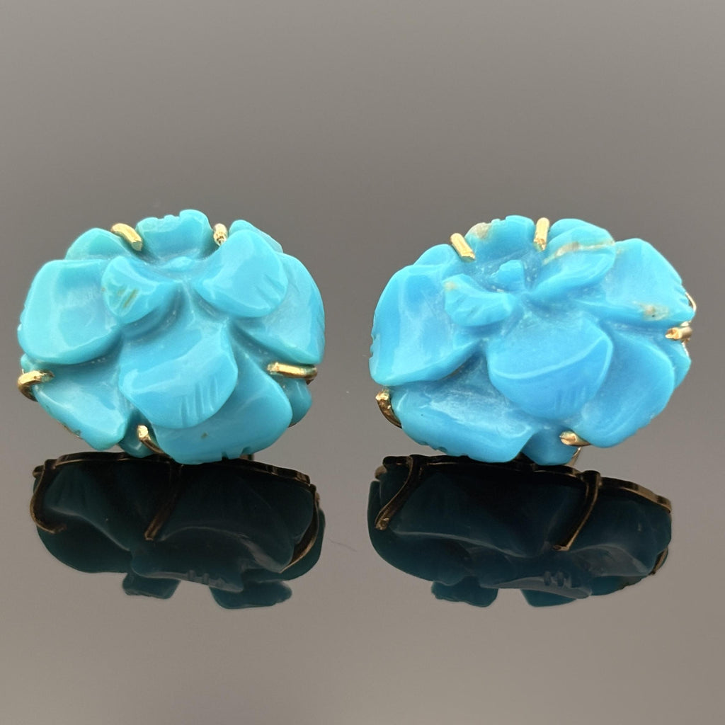 Estate Fine Turquoise Carving Earrings 18k w/ GIA Report