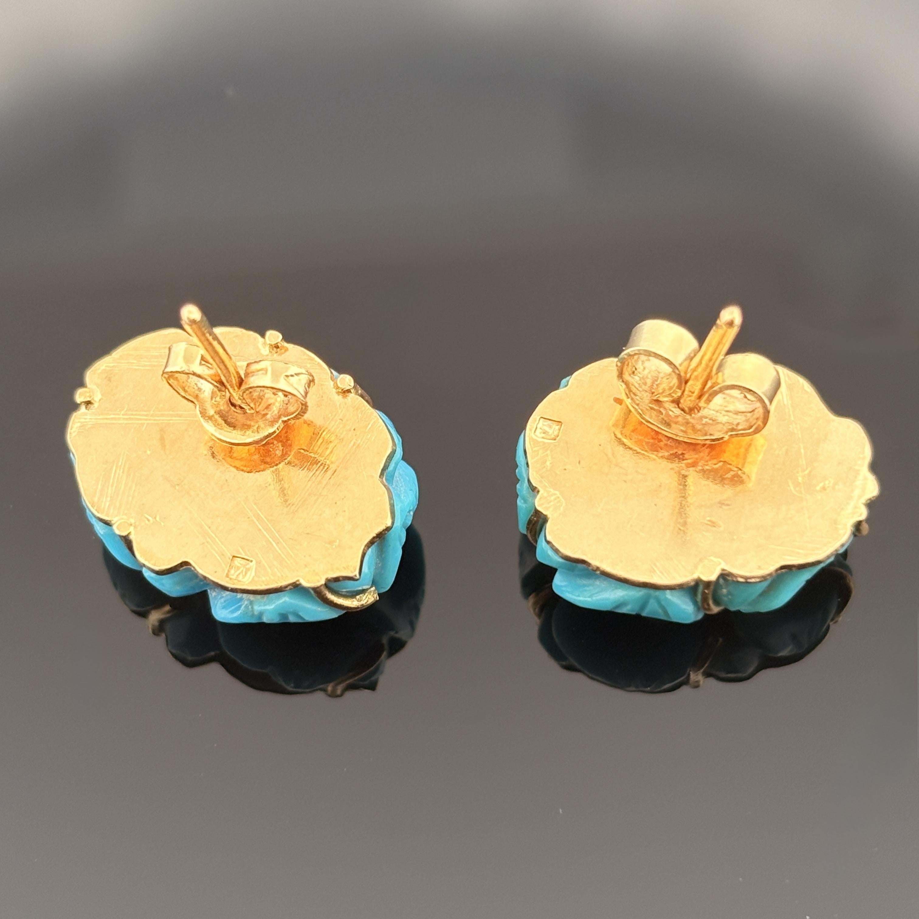 Estate Fine Turquoise Carving Earrings 18k w/ GIA Report