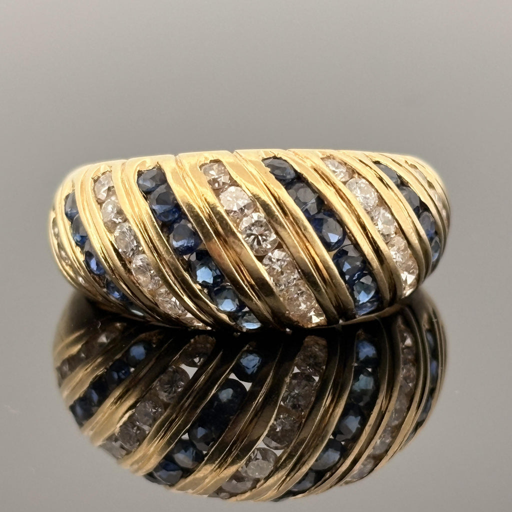 Vintage 1970's Sapphire & Diamond Low Dome Band 18k Yellow Gold