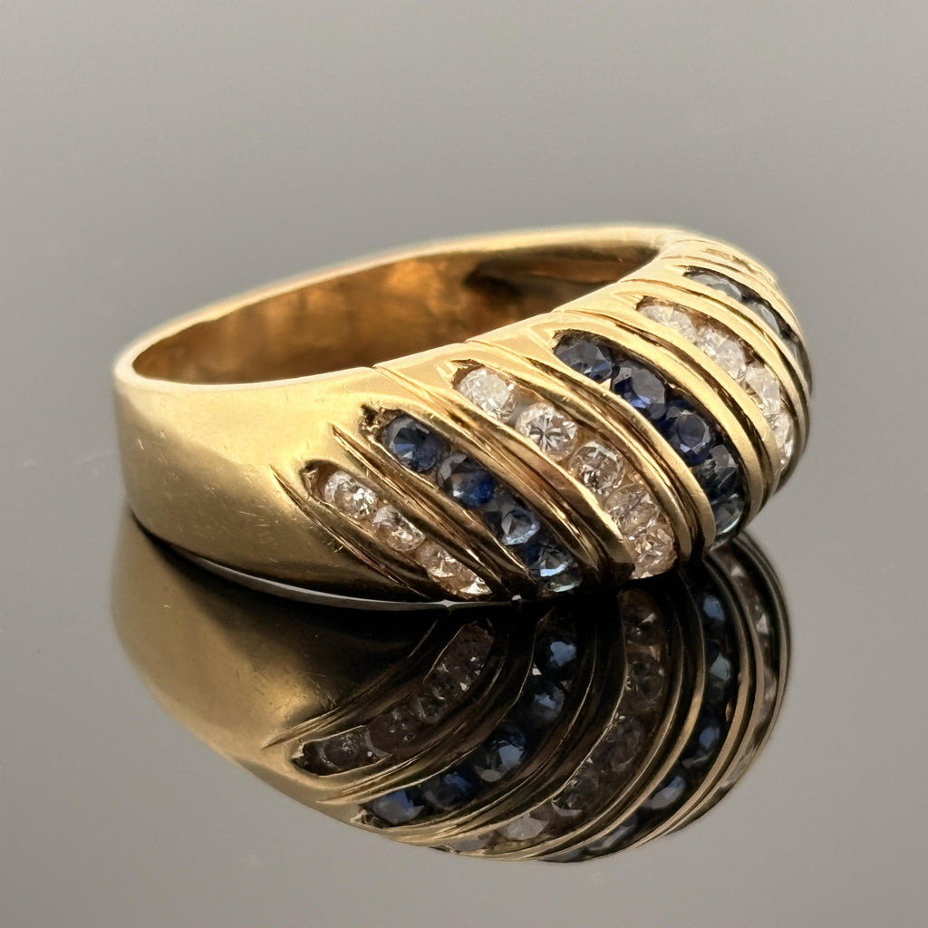 Vintage 1970's Sapphire & Diamond Low Dome Band 18k Yellow Gold
