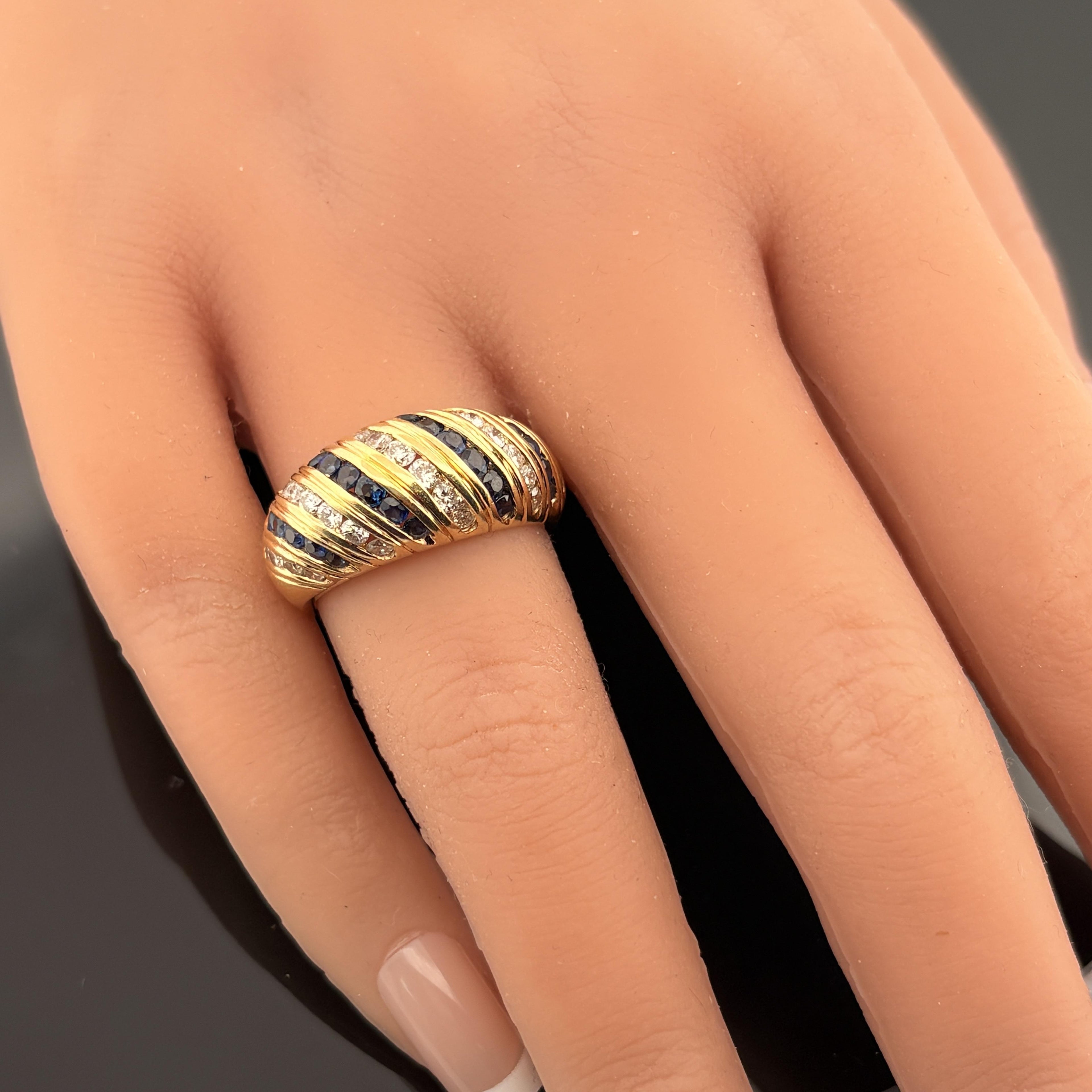 Vintage 1970's Sapphire & Diamond Low Dome Band 18k Yellow Gold