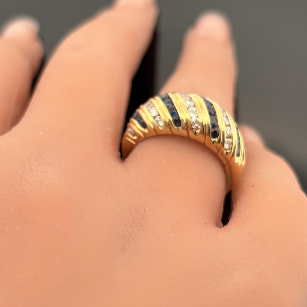 Vintage 1970's Sapphire & Diamond Low Dome Band 18k Yellow Gold
