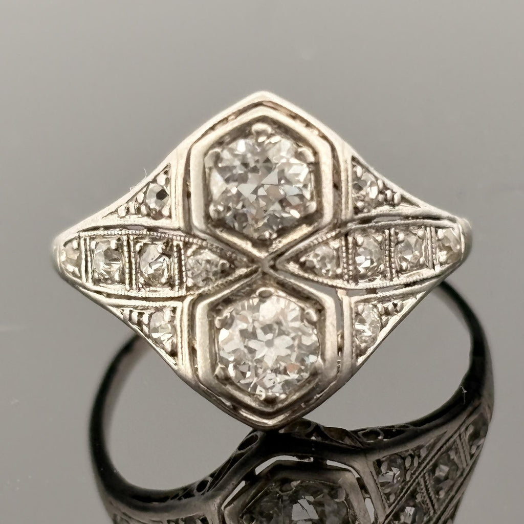 Antique Art Deco European Cut Diamond Platinum Toi et Moi Ring