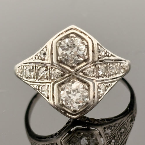 Antique Art Deco European Cut Diamond Platinum Toi et Moi Ring